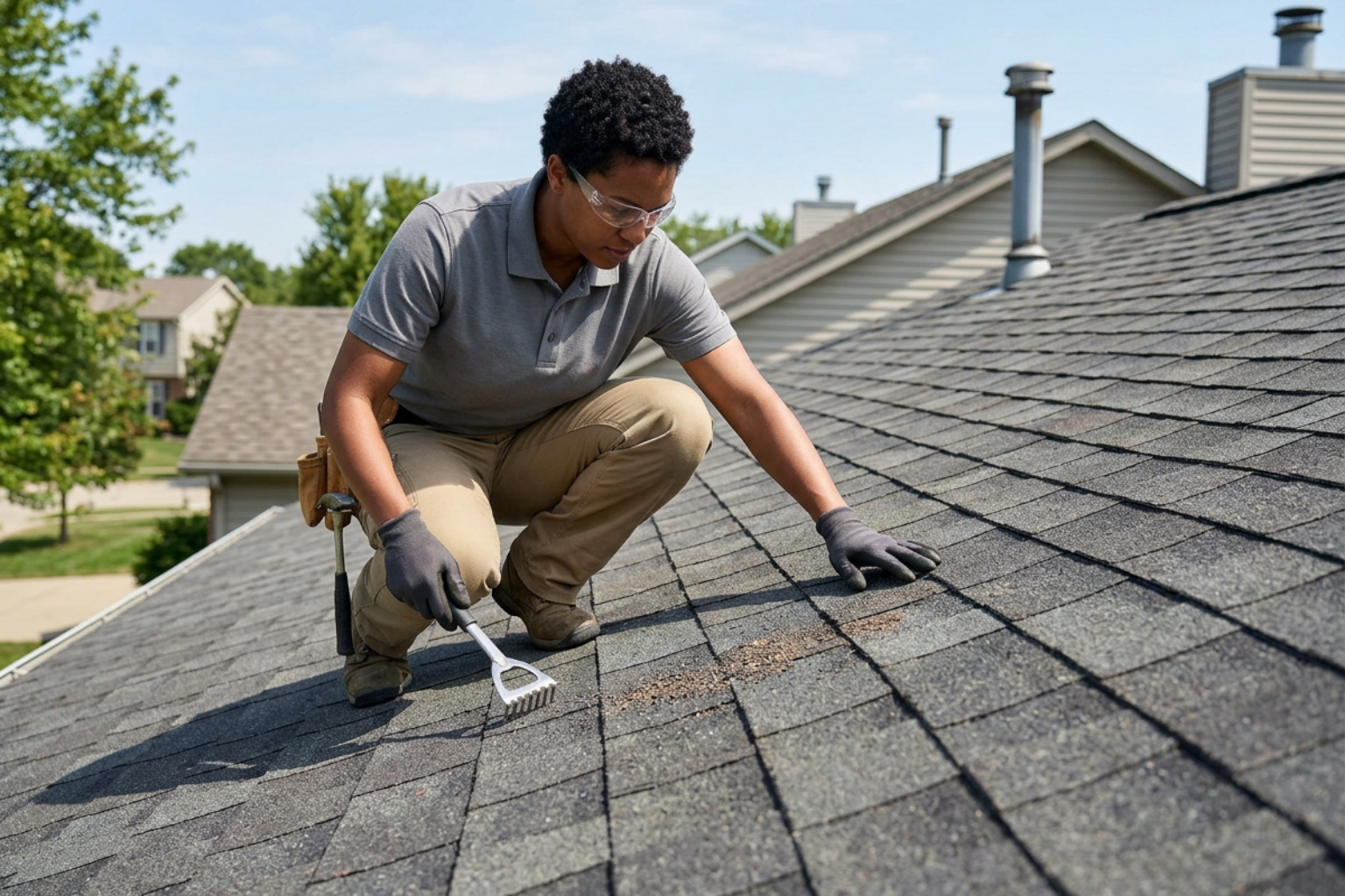 Professional roofing contractor inspecting roof for granule loss