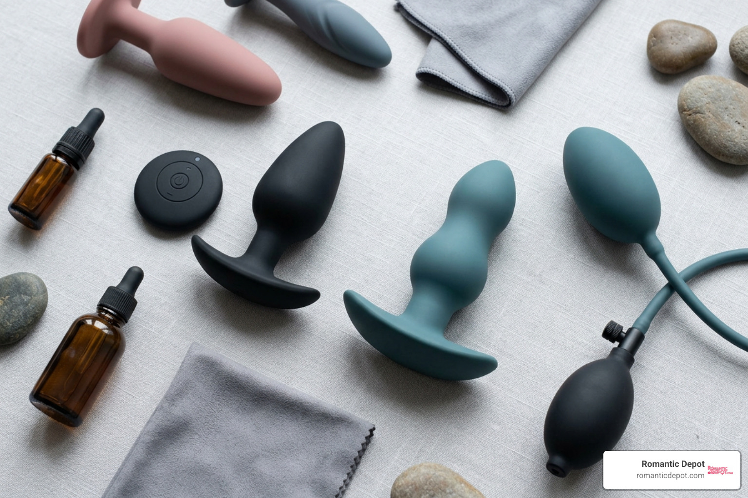 Assortment of high-tech vibrating, thrusting, and inflatable anal toys
