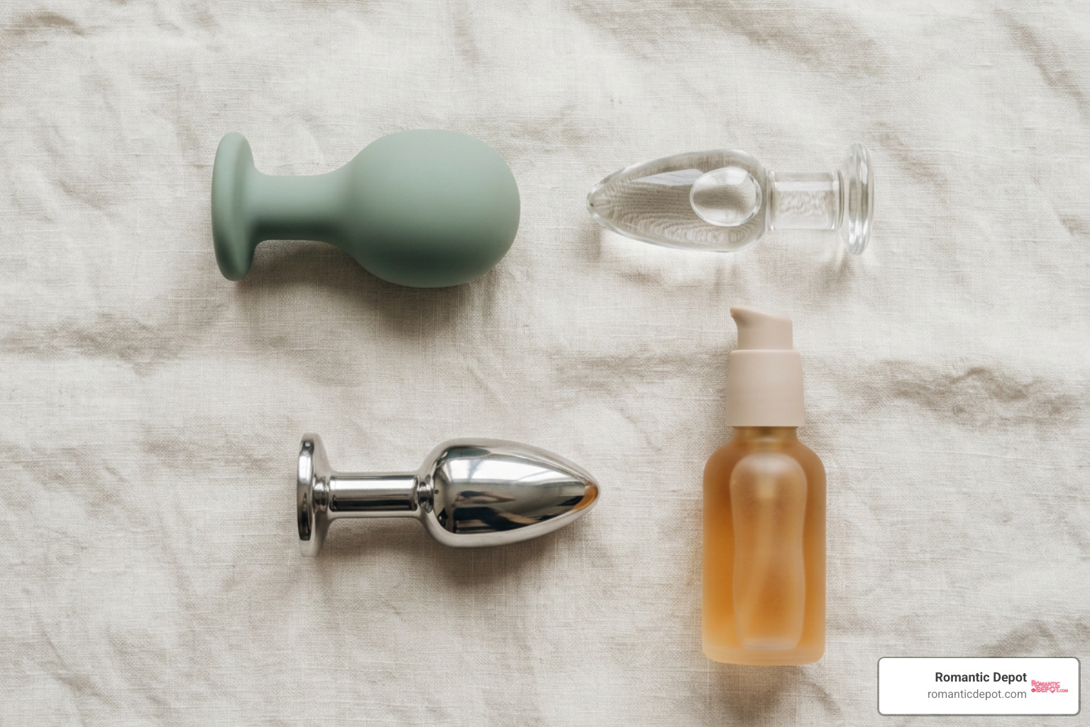 Selection of body-safe silicone, borosilicate glass, and stainless steel anal toys