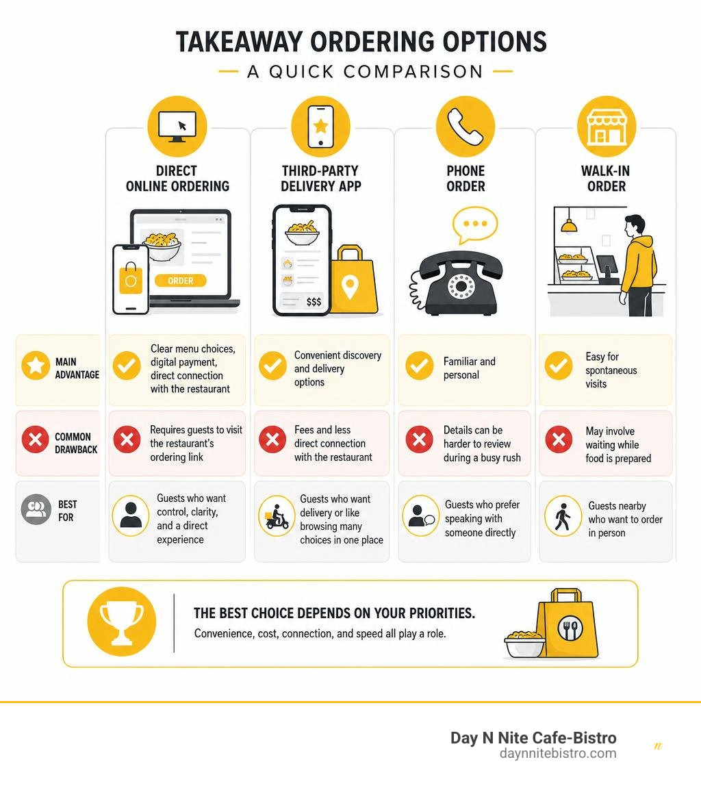 Online takeaway ordering service comparison: direct ordering, third-party apps, phone, and walk-in infographic Online takeaway ordering service comparison: direct ordering, third-party apps, phone, and walk-in infographic