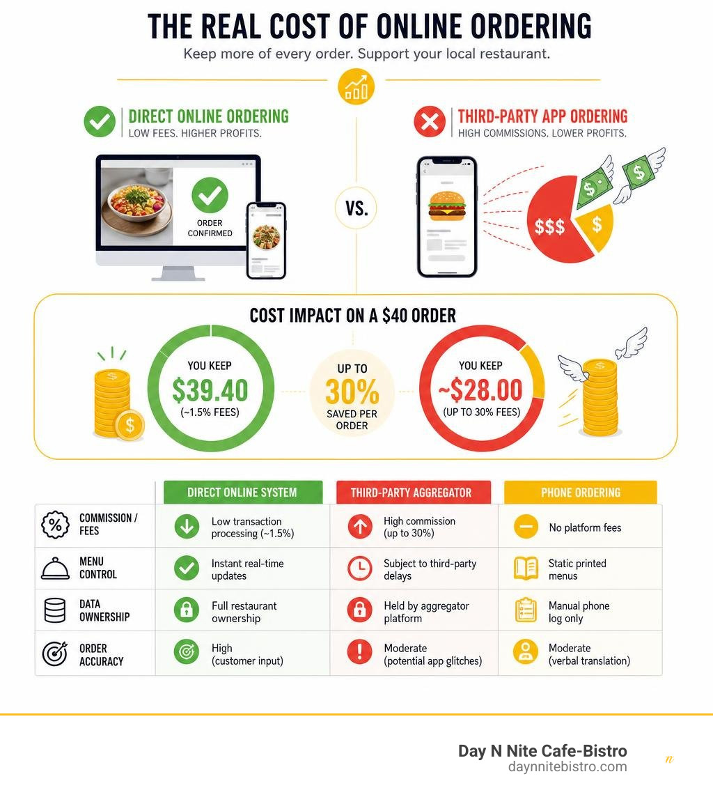 Infographic displaying the financial comparison between direct online ordering and third-party app commissions infographic Infographic displaying the financial comparison between direct online ordering and third-party app commissions infographic