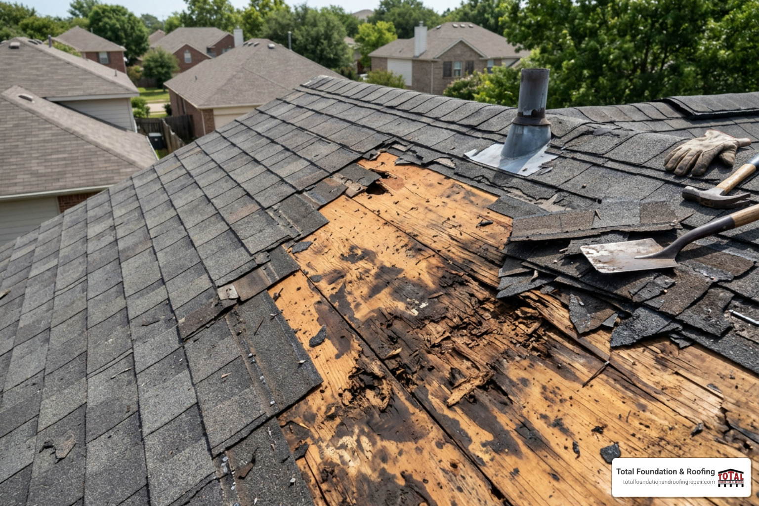 Tear-off of old roof shingles revealing rotted plywood decking underneath