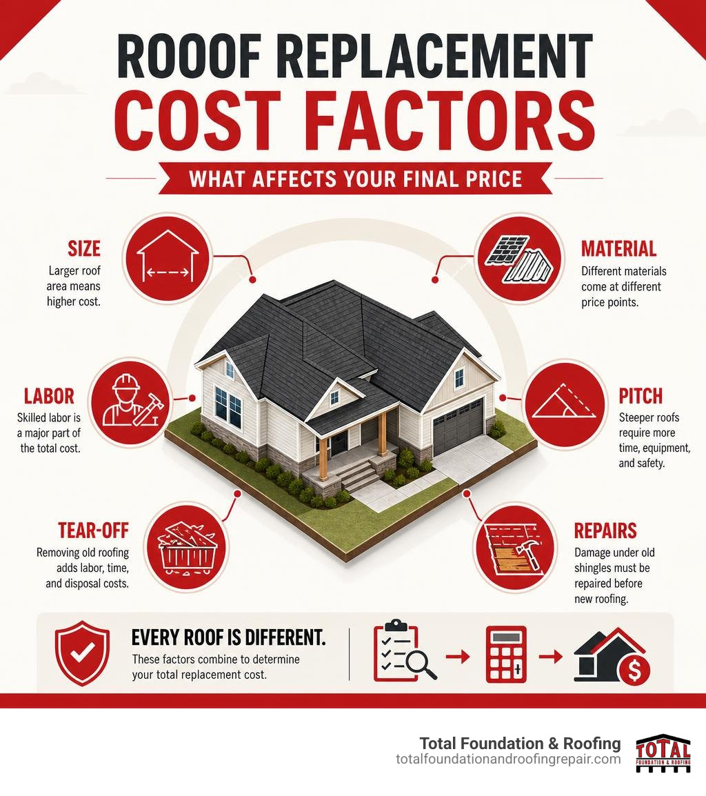 Roof replacement cost factors: size, material, labor, pitch, tear-off, and repairs infographic