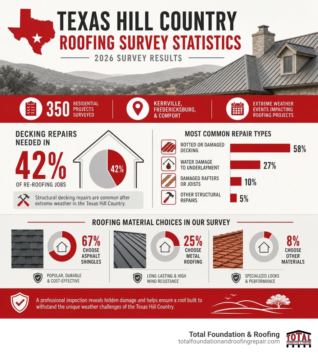 Texas Hill Country roofing survey statistics on material choices and repair rates infographic