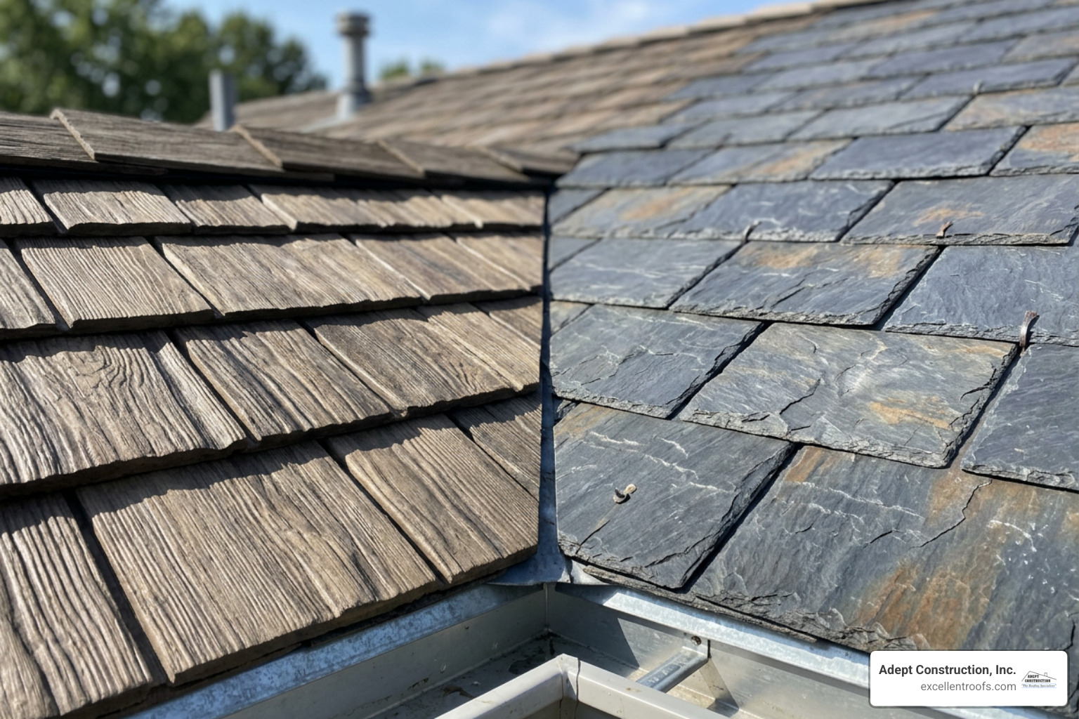 Recycled polymer composite shingle textures showing wood shake and natural slate details Recycled polymer composite shingle textures showing wood shake and natural slate details