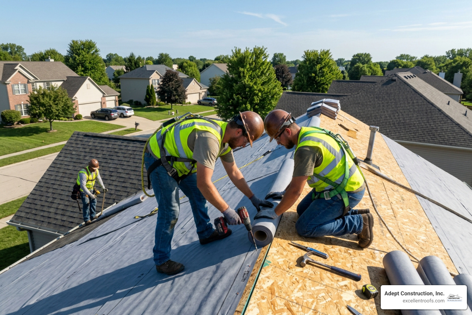 Roofing professionals installing synthetic tile underlayment on a residential roof deck Roofing professionals installing synthetic tile underlayment on a residential roof deck