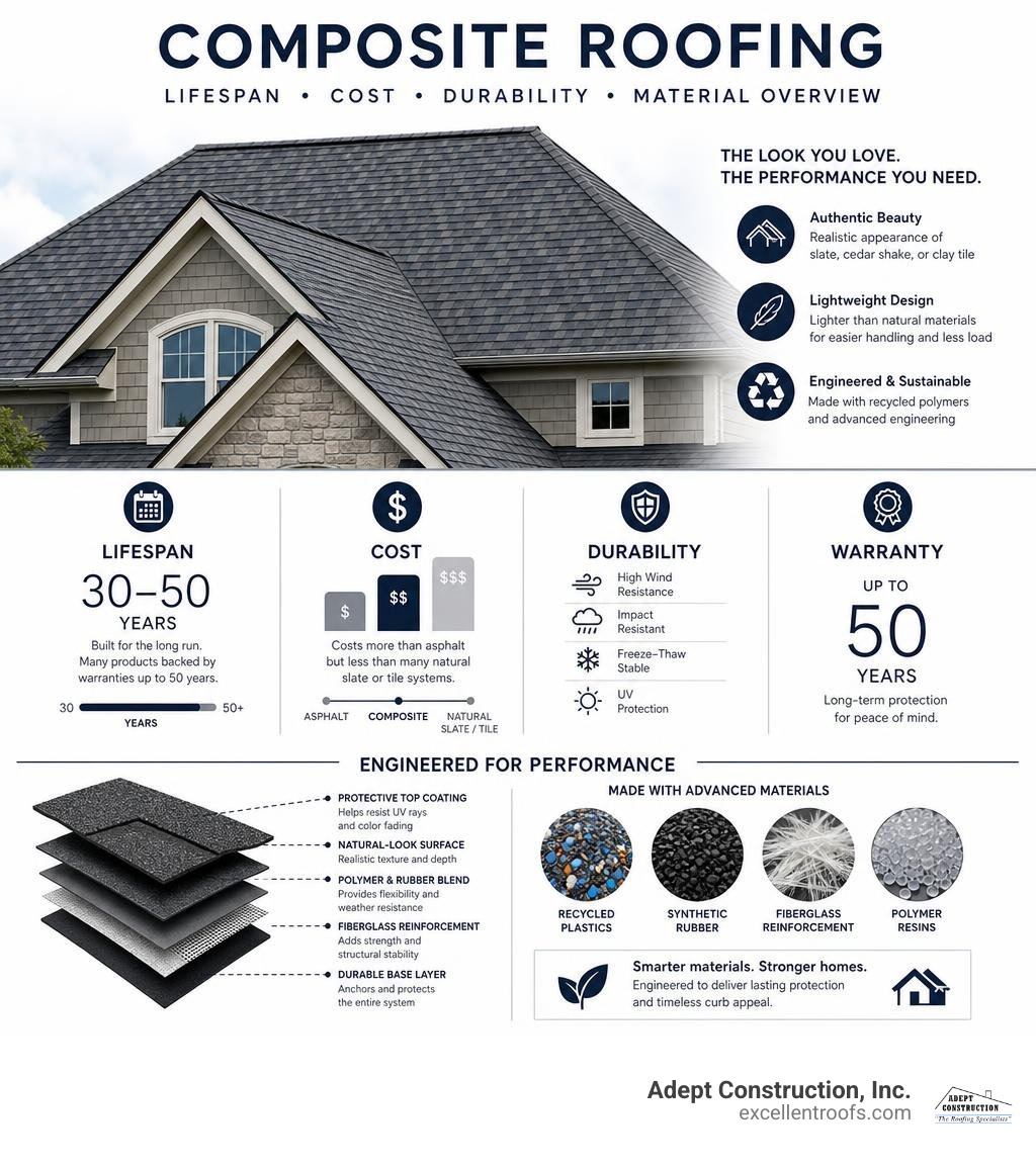 Composite roofing lifespan cost durability and material overview infographic Composite roofing lifespan cost durability and material overview infographic