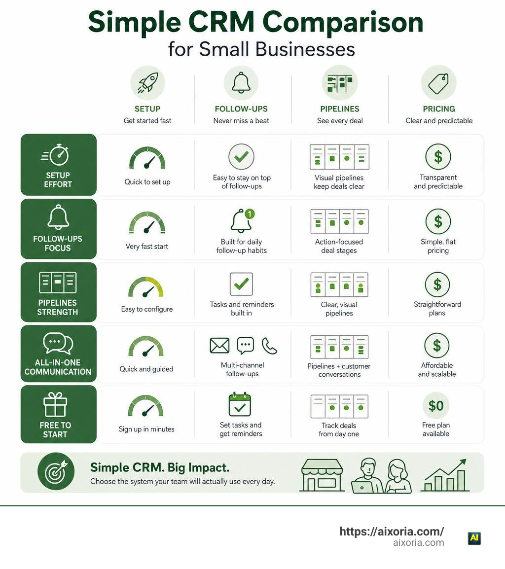 Simple CRM comparison for small businesses: setup, follow-ups, pipelines, and pricing infographic