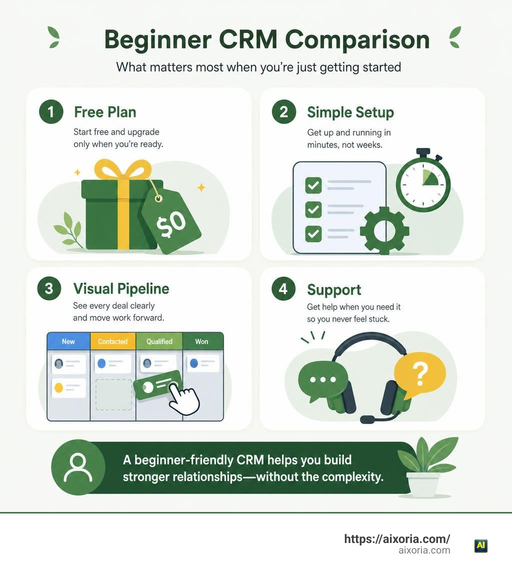 Beginner CRM comparison: free plan, simple setup, visual pipeline, support infographic Beginner CRM comparison: free plan, simple setup, visual pipeline, support infographic