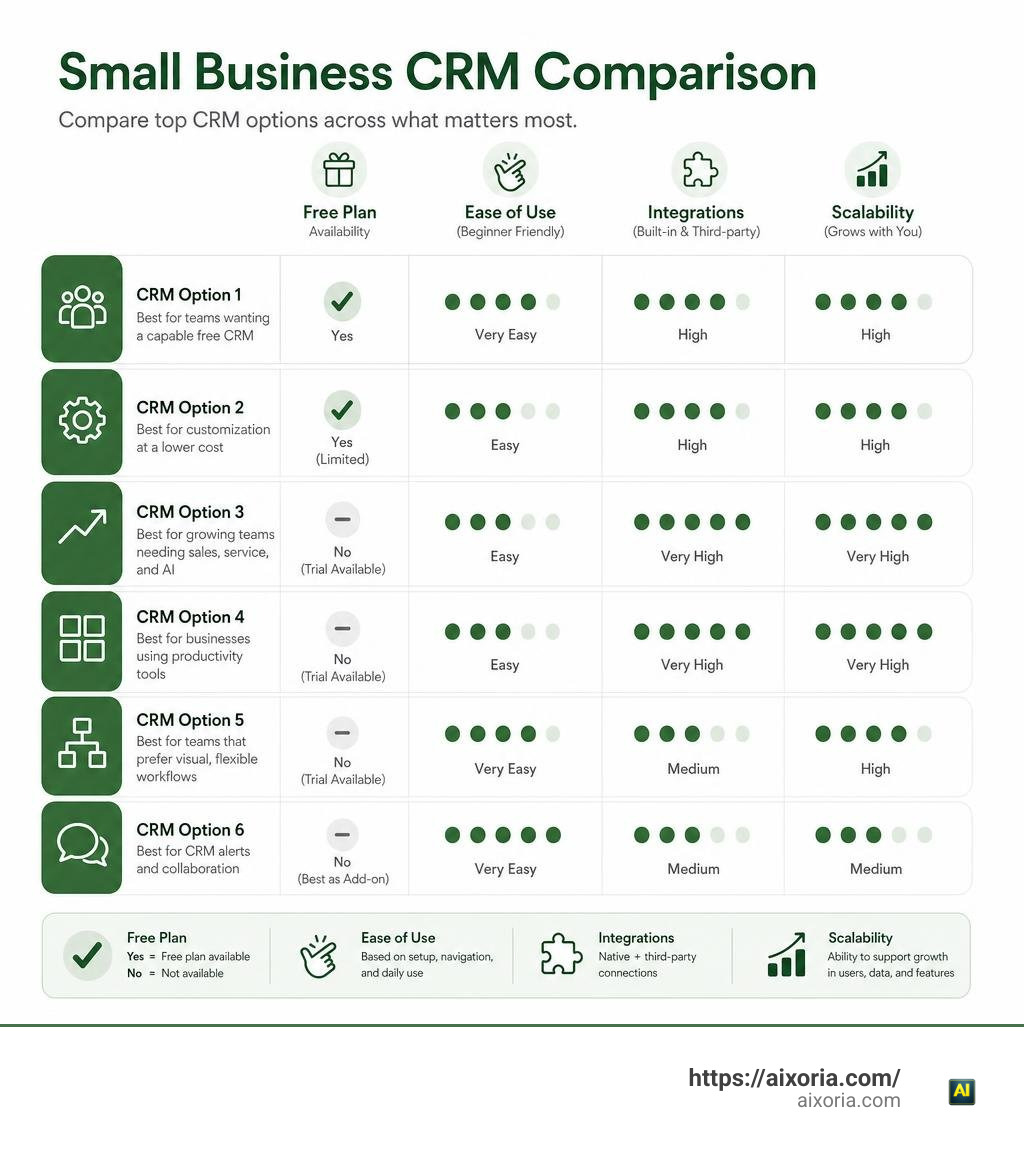 Infographic comparing small business CRM options by free plans, ease of use, integrations, and scalability infographic