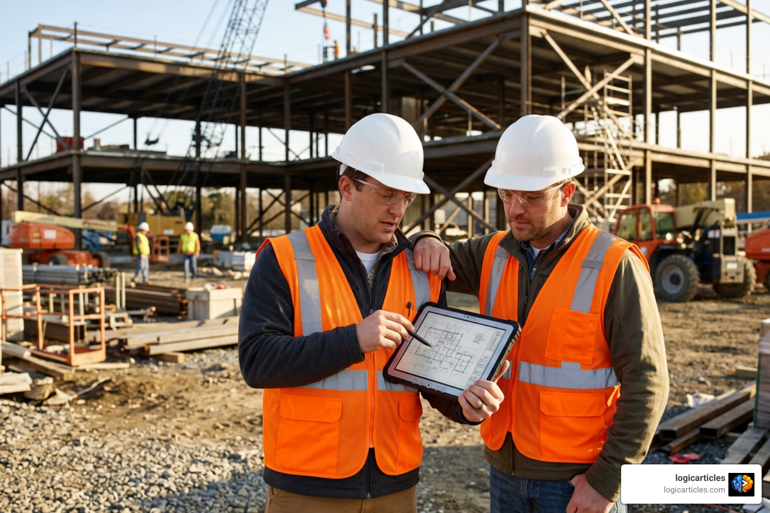 job site engineers reviewing plans on tablet