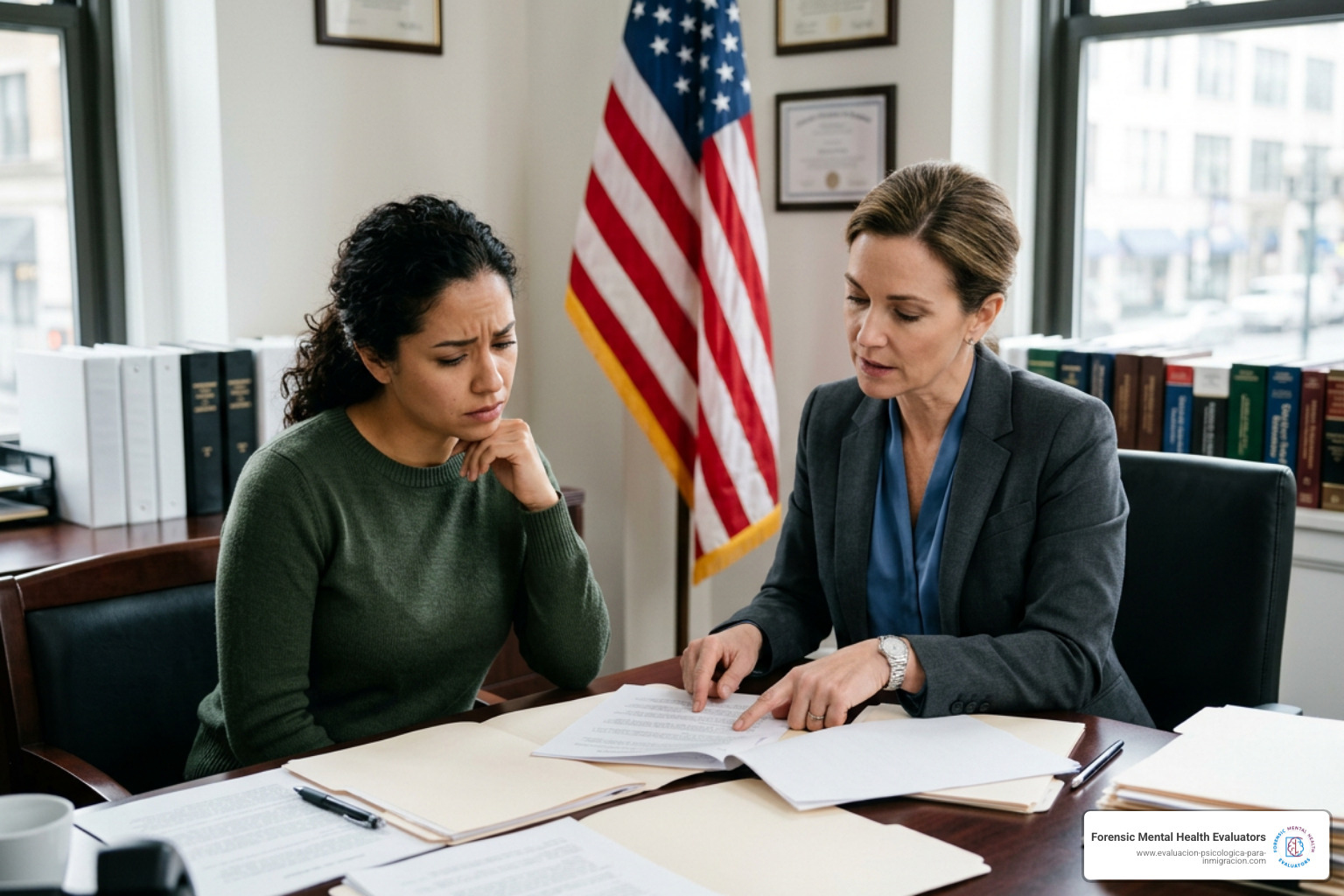 Attorney reviewing immigration legal files with a client facing removal