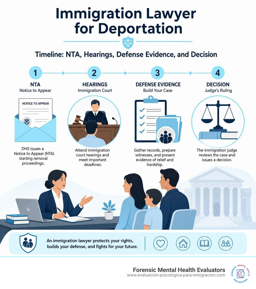 Immigration lawyer for deportation timeline: NTA, hearings, defense evidence, and decision infographic