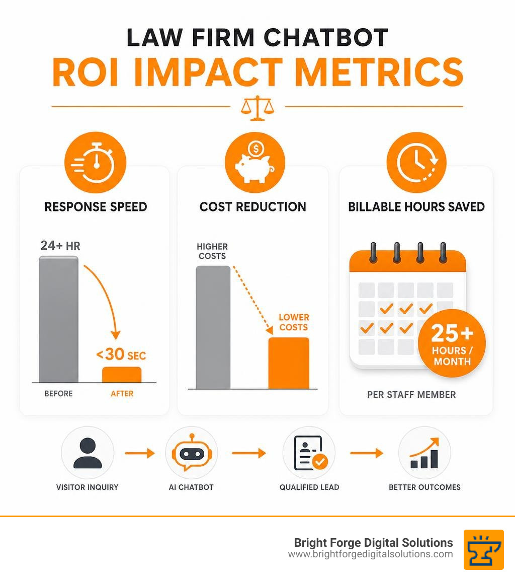 Law firm chatbot ROI impact metrics: response speed, cost reduction, billable hours saved infographic