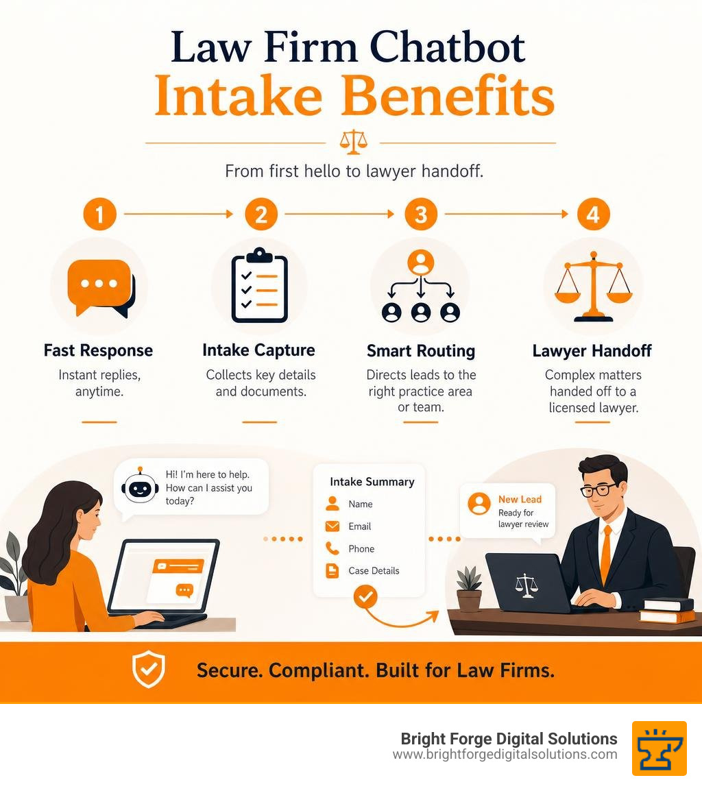 Law firm chatbot intake benefits: fast response, intake capture, routing, and lawyer handoff infographic