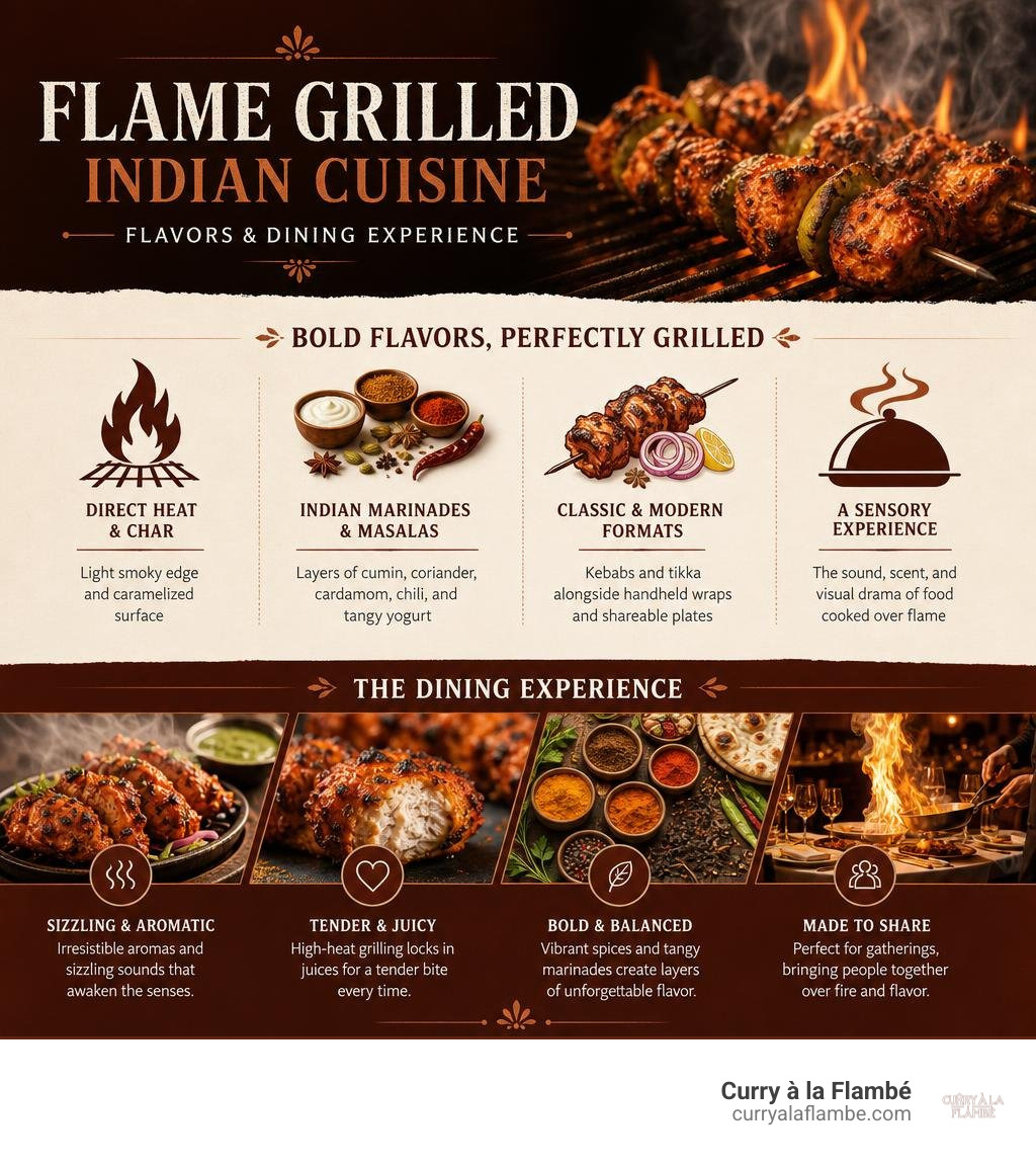 Flame grilled Indian cuisine flavors and dining experience infographic