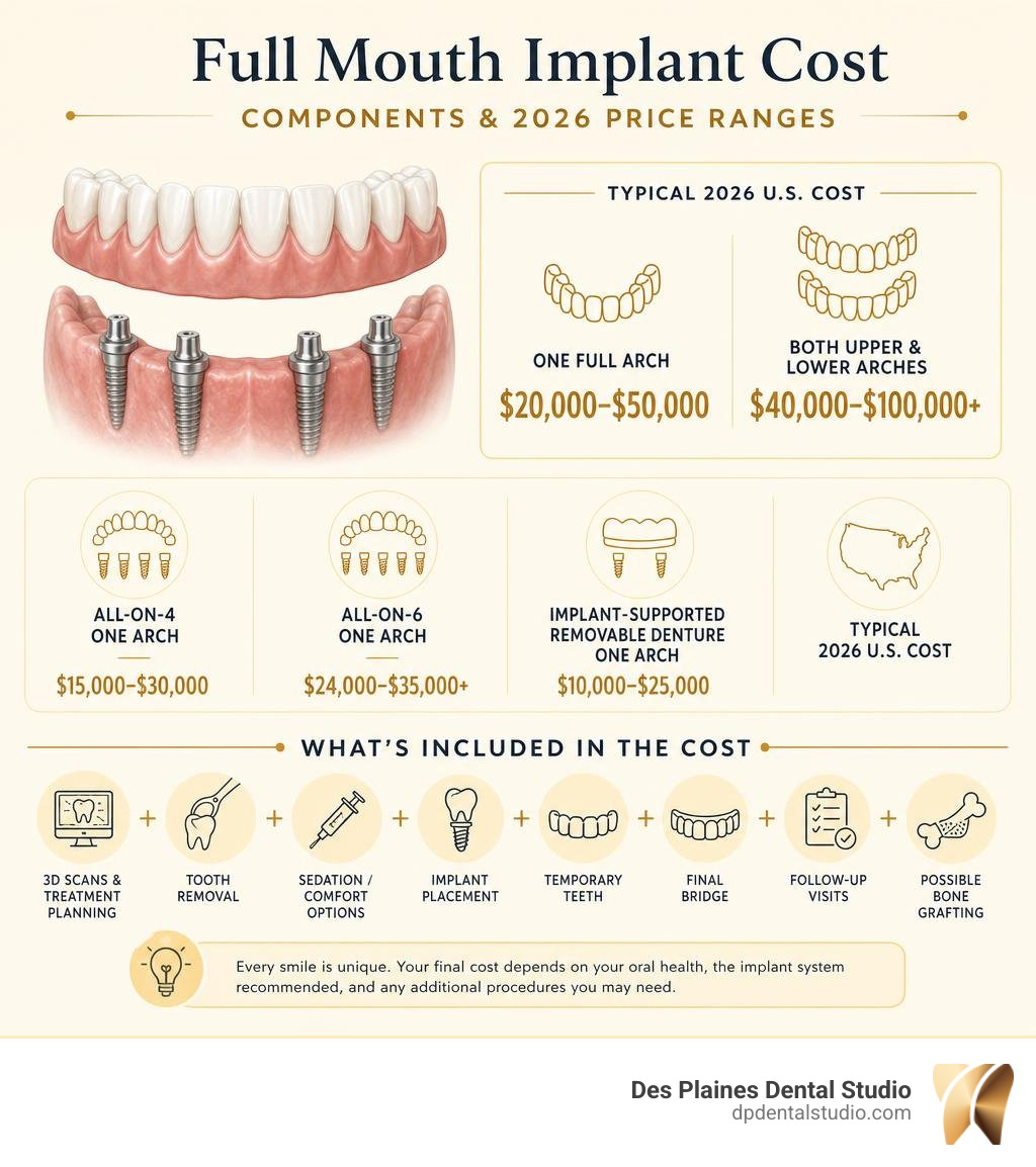 Full mouth implant cost components and 2026 price ranges infographic Full mouth implant cost components and 2026 price ranges infographic