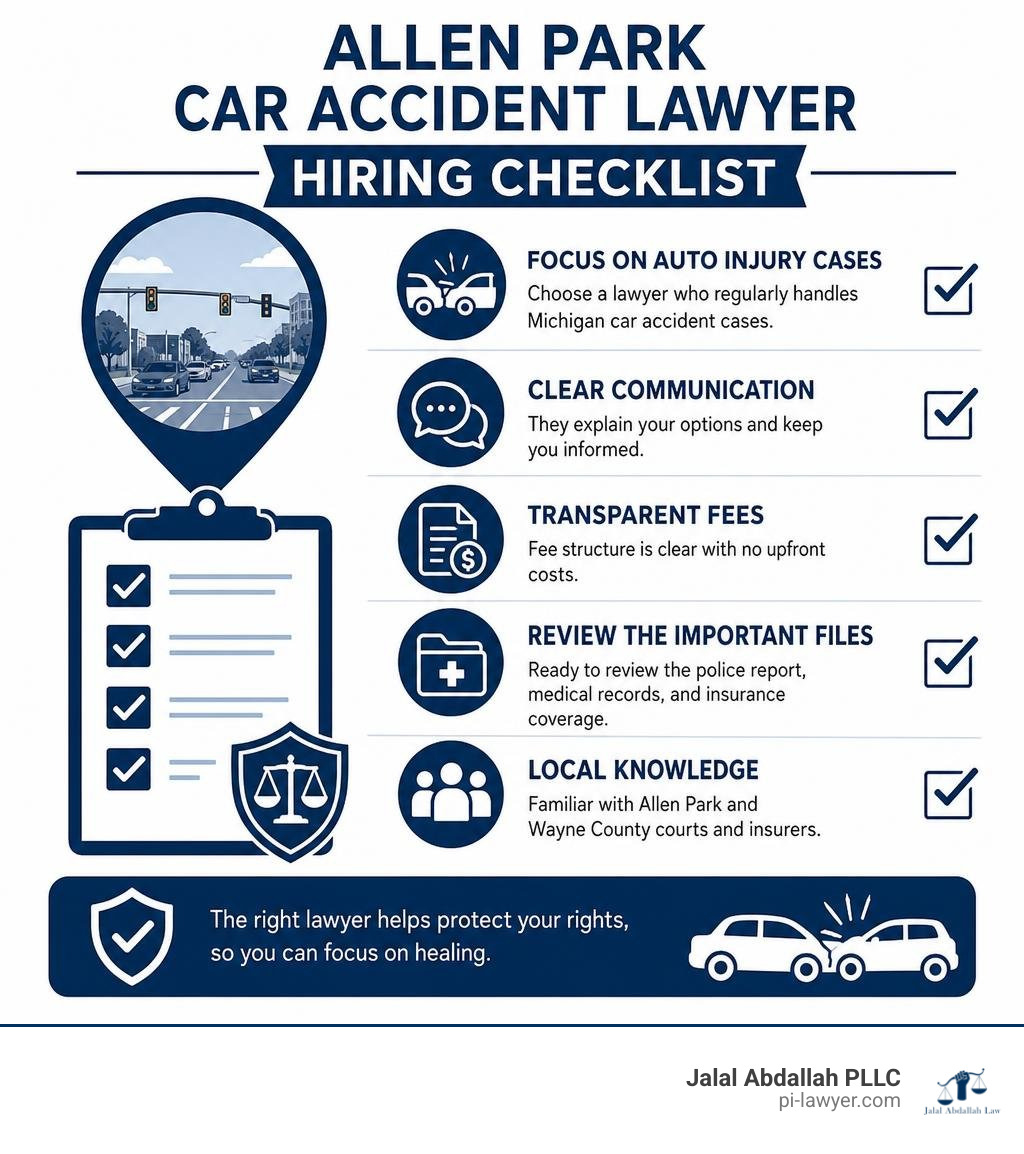 Allen Park car accident lawyer hiring checklist infographic Allen Park car accident lawyer hiring checklist infographic