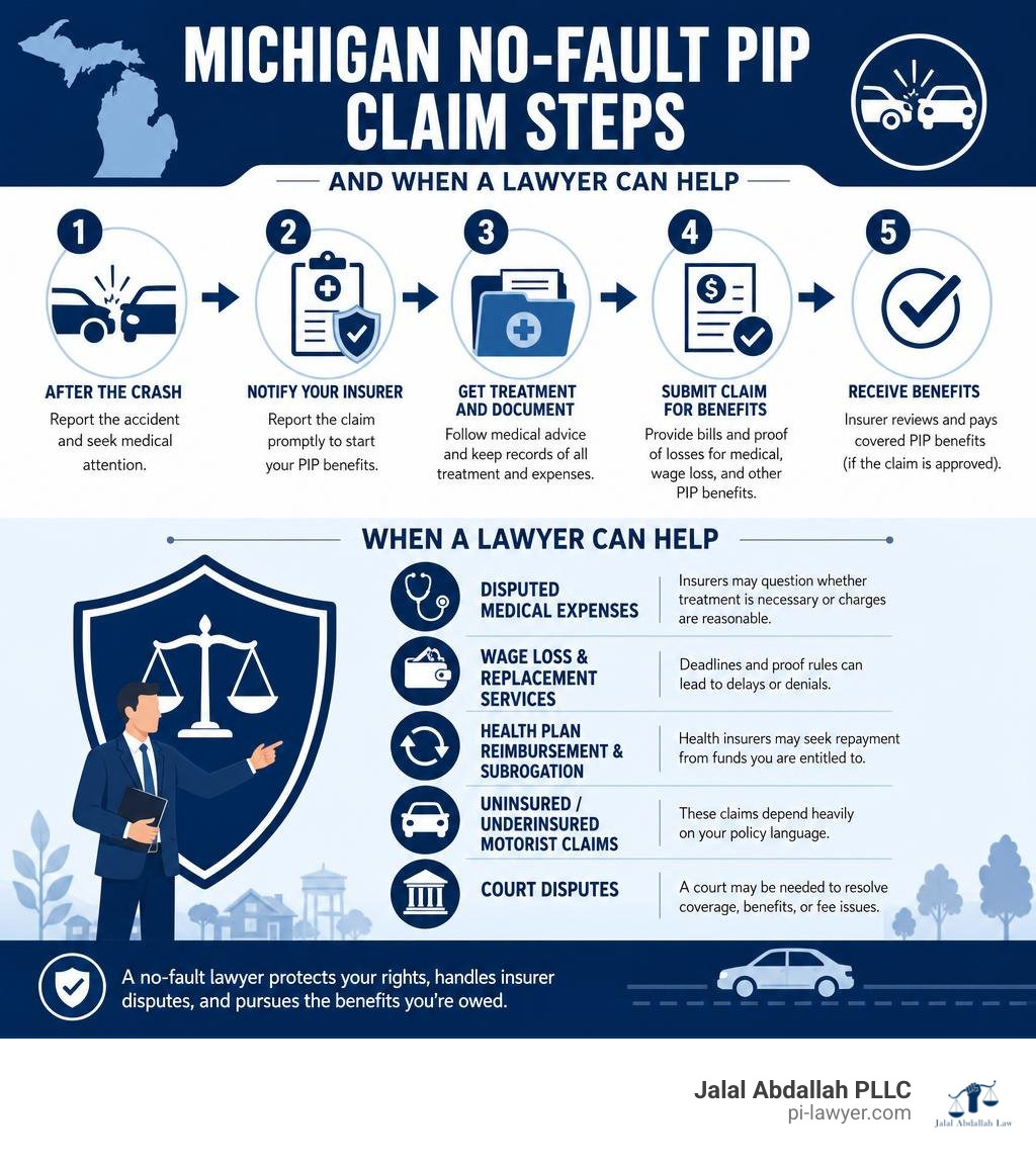 Michigan no-fault PIP claim steps and when a lawyer can help infographic Michigan no-fault PIP claim steps and when a lawyer can help infographic