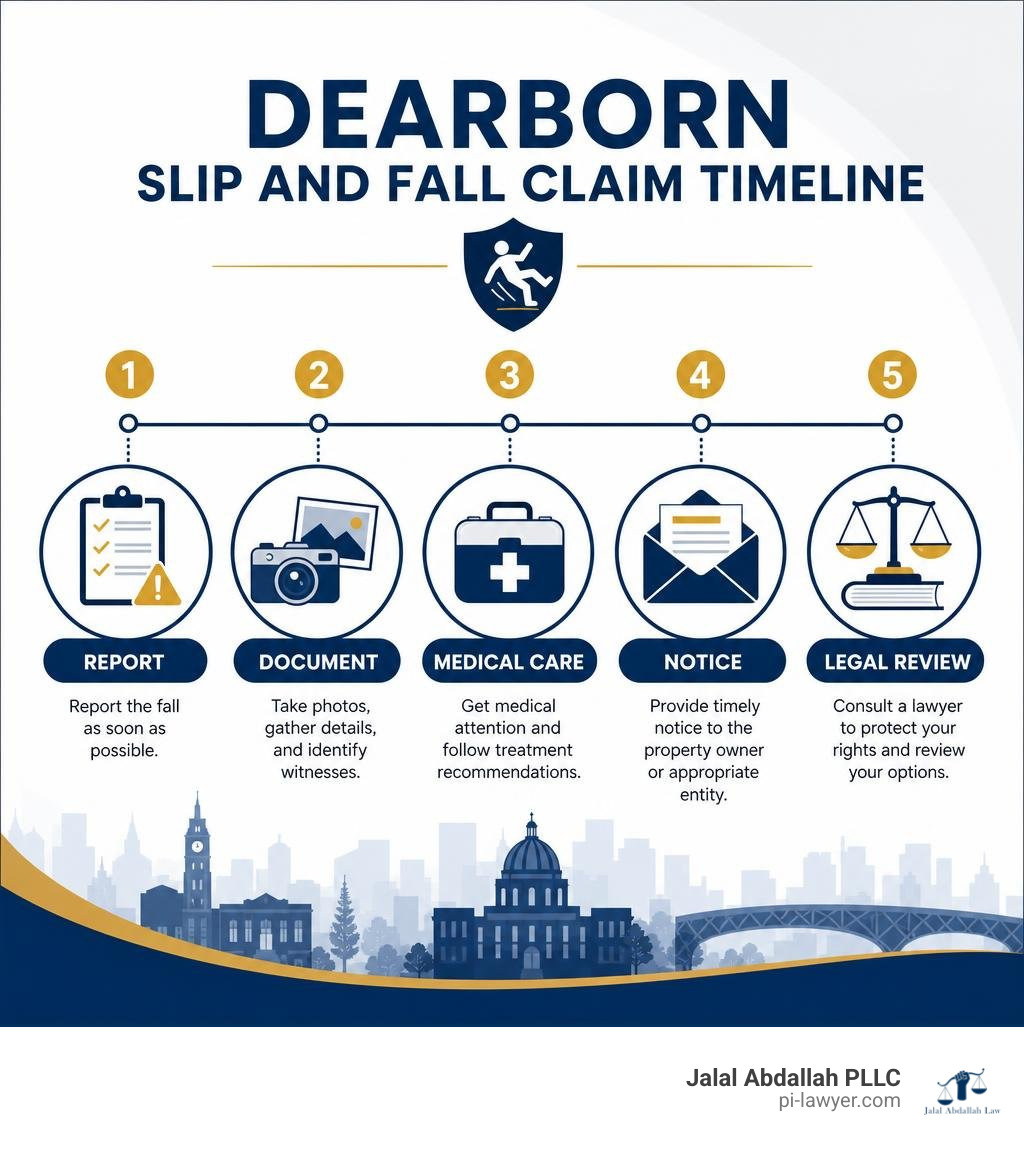 Dearborn slip and fall claim timeline: report, document, medical care, notice, legal review infographic Dearborn slip and fall claim timeline: report, document, medical care, notice, legal review infographic