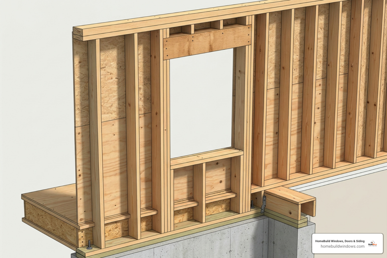 Exterior wall framing diagram showing load bearing header jack studs king studs and sill plate Exterior wall framing diagram showing load bearing header jack studs king studs and sill plate