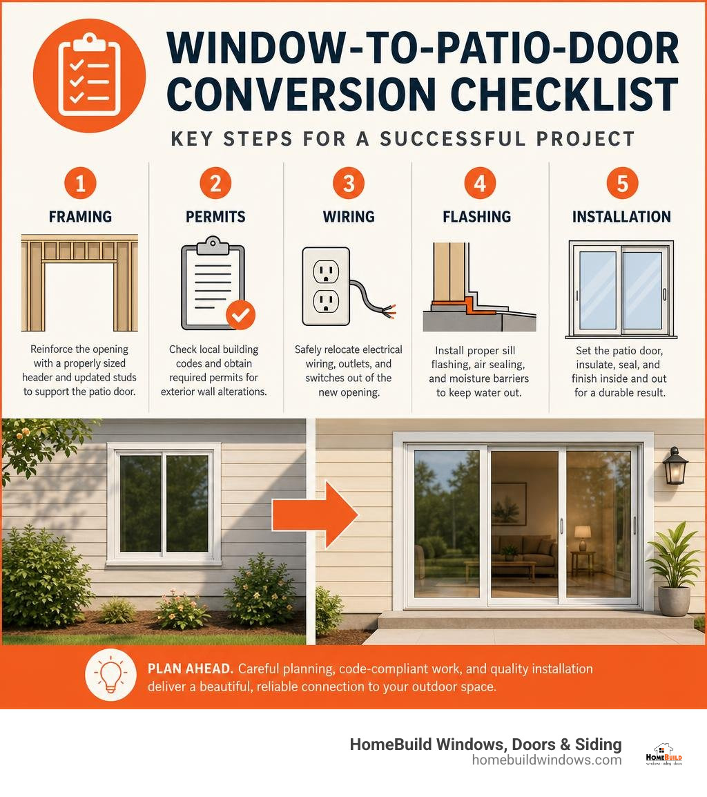 Window-to-patio-door conversion checklist: framing, permits, wiring, flashing, and installation infographic Window-to-patio-door conversion checklist: framing, permits, wiring, flashing, and installation infographic