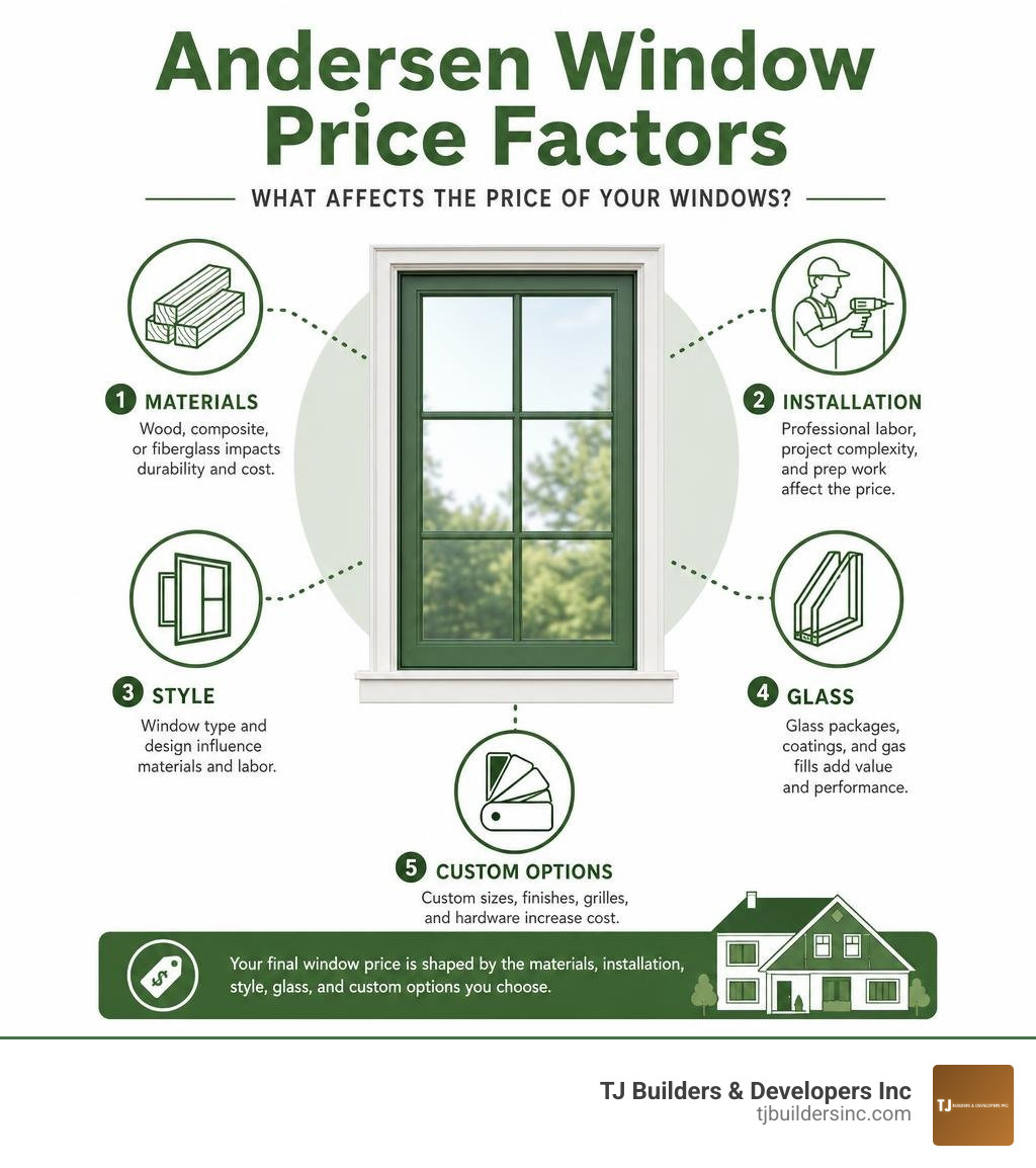 Andersen window price factors: materials, installation, style, glass, and custom options infographic Andersen window price factors: materials, installation, style, glass, and custom options infographic