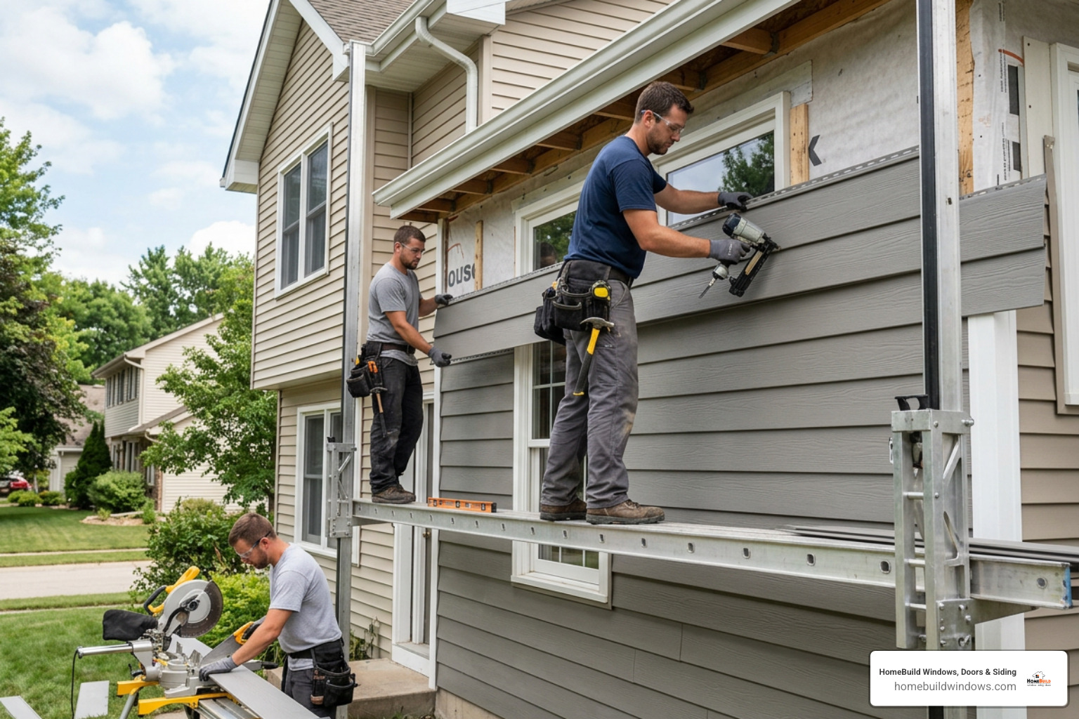 professional siding installers mounting wall panels on residential home
