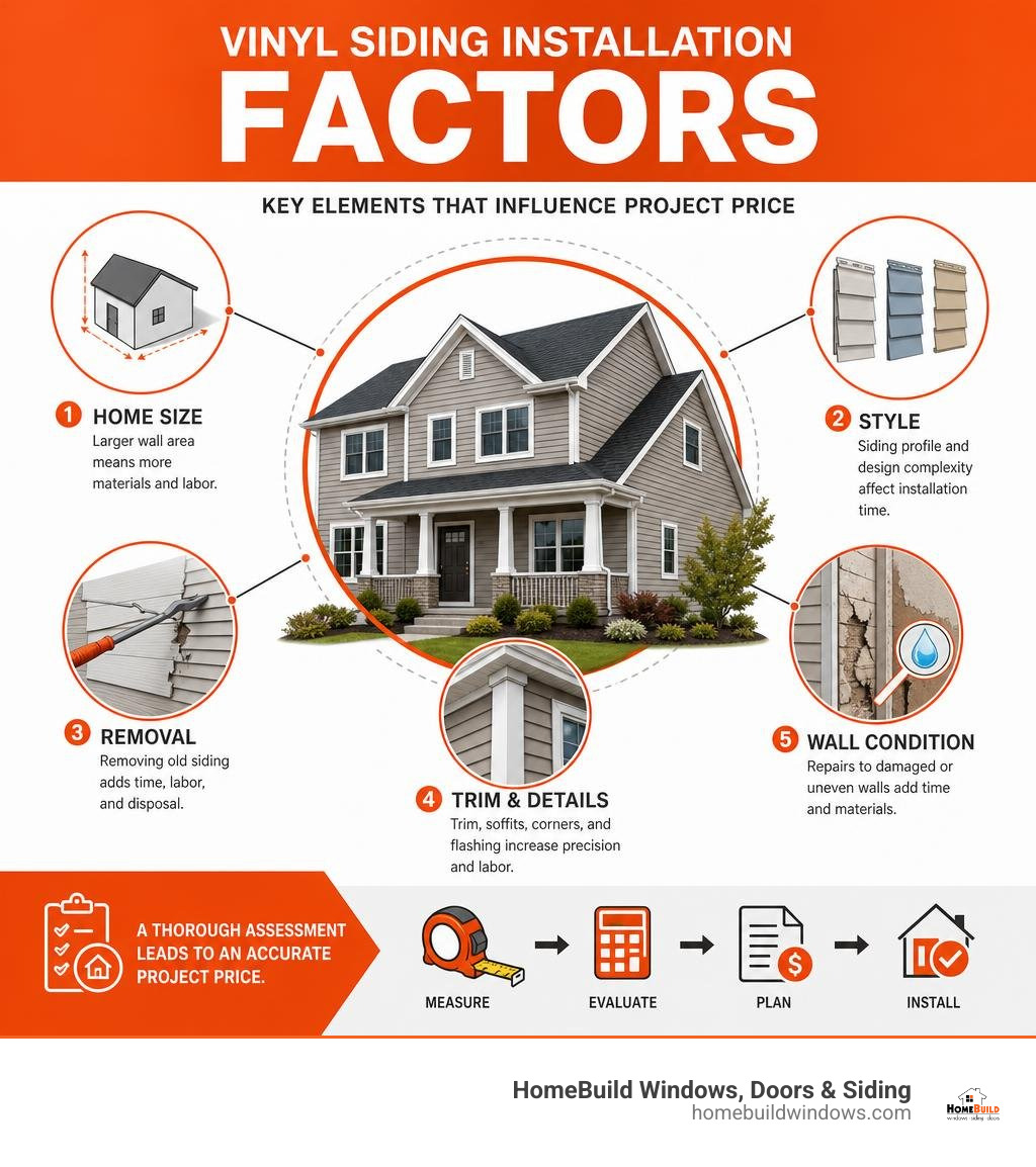 Vinyl siding installation factors: home size, style, removal, trim, and wall condition infographic