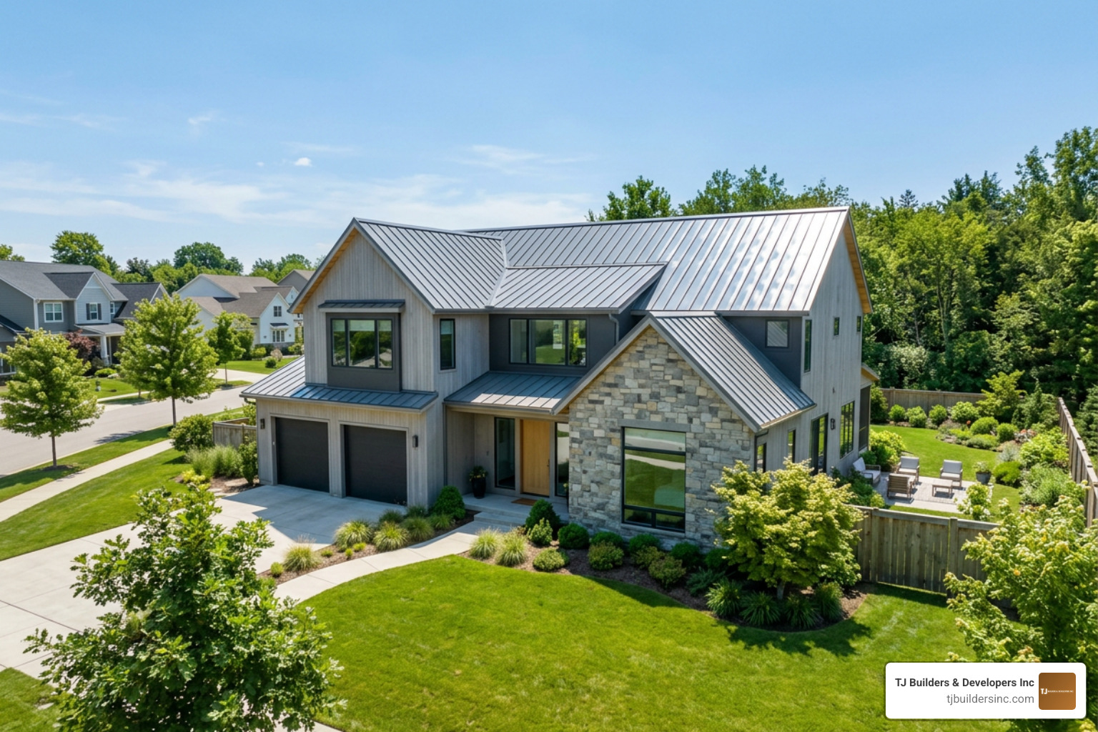 Energy efficient reflective metal roof installed on a modern suburban house