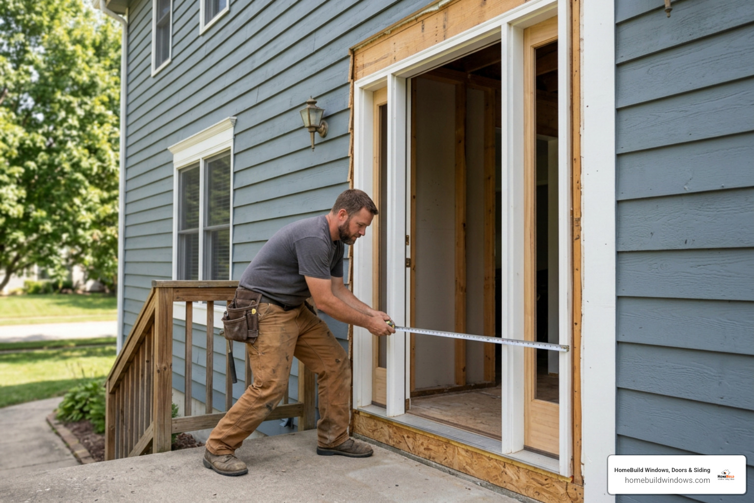 Contractor measuring entryway rough opening
