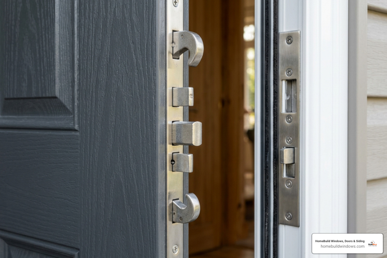 Multi point locking mechanism on composite door edge