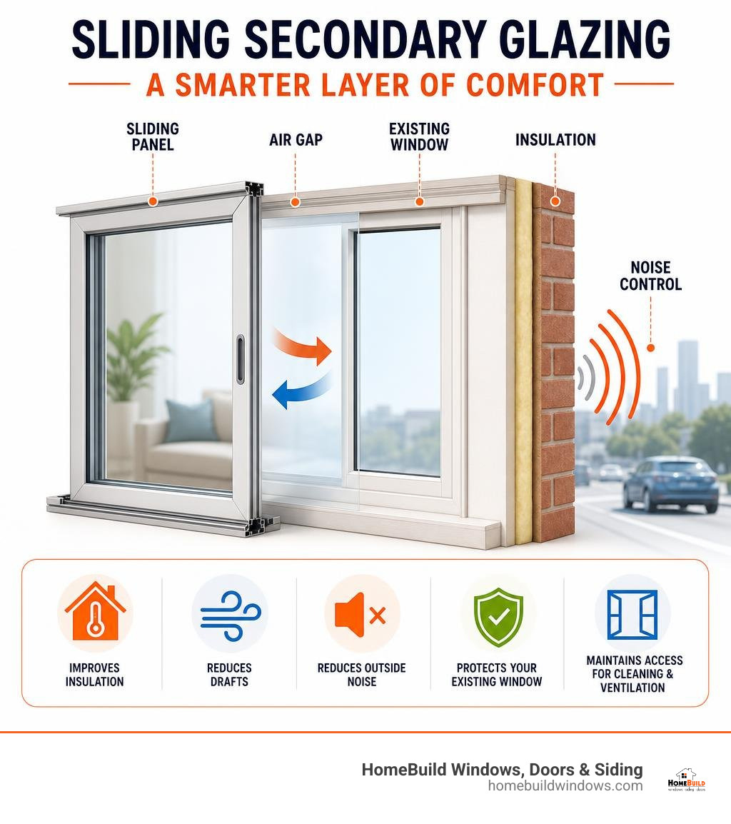 Sliding secondary glazing comparison: panel, air gap, existing window, insulation and noise control infographic