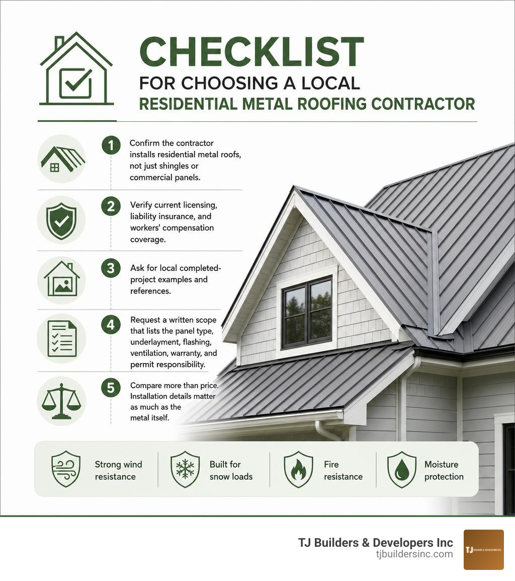 Checklist for choosing a local residential metal roofing contractor infographic