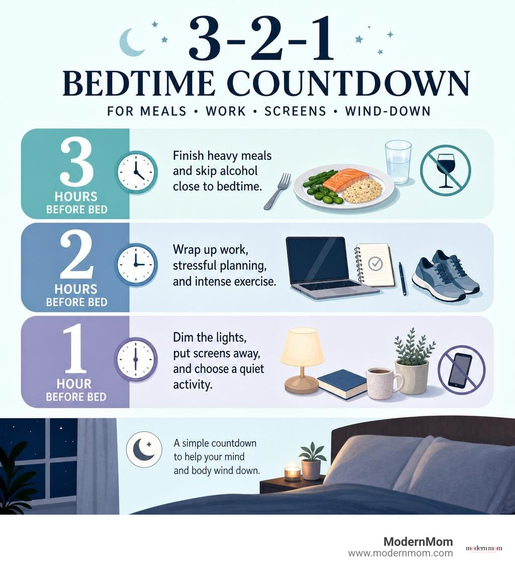 3-2-1 bedtime countdown for meals work screens and wind-down infographic 3-2-1 bedtime countdown for meals work screens and wind-down infographic