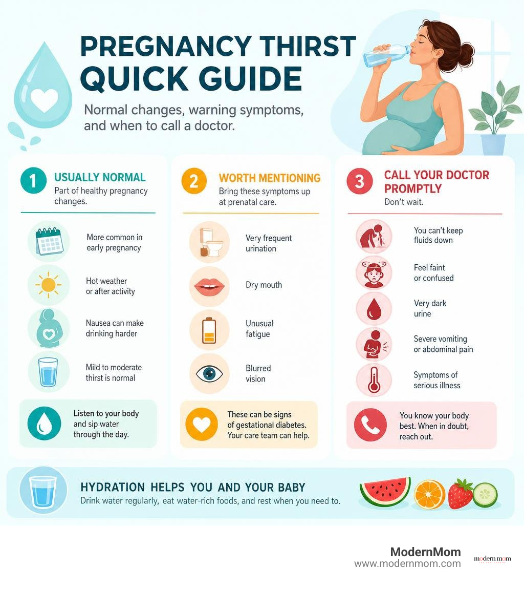 Pregnancy thirst quick guide: normal changes, warning symptoms, and when to call a doctor infographic