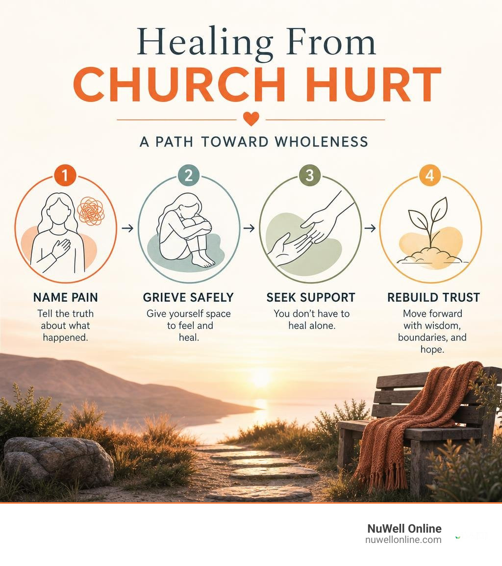 Infographic showing church hurt healing: name pain, grieve safely, seek support, rebuild trust infographic