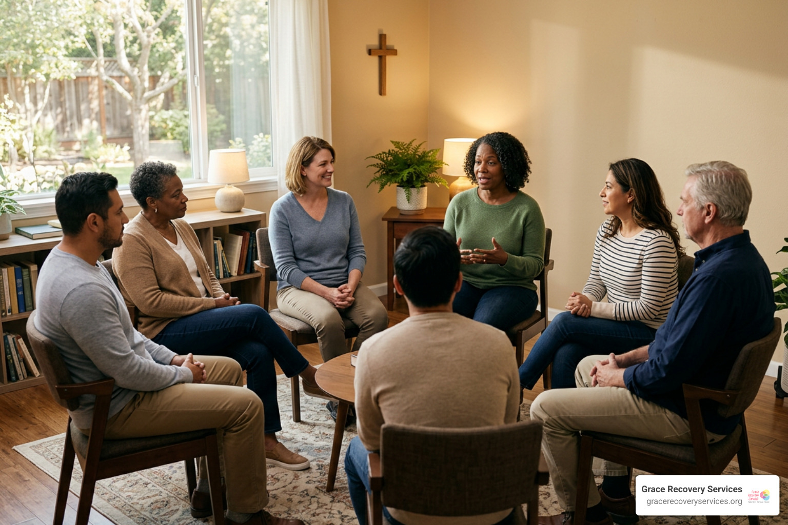 Small group recovery discussion in a peaceful room Small group recovery discussion in a peaceful room