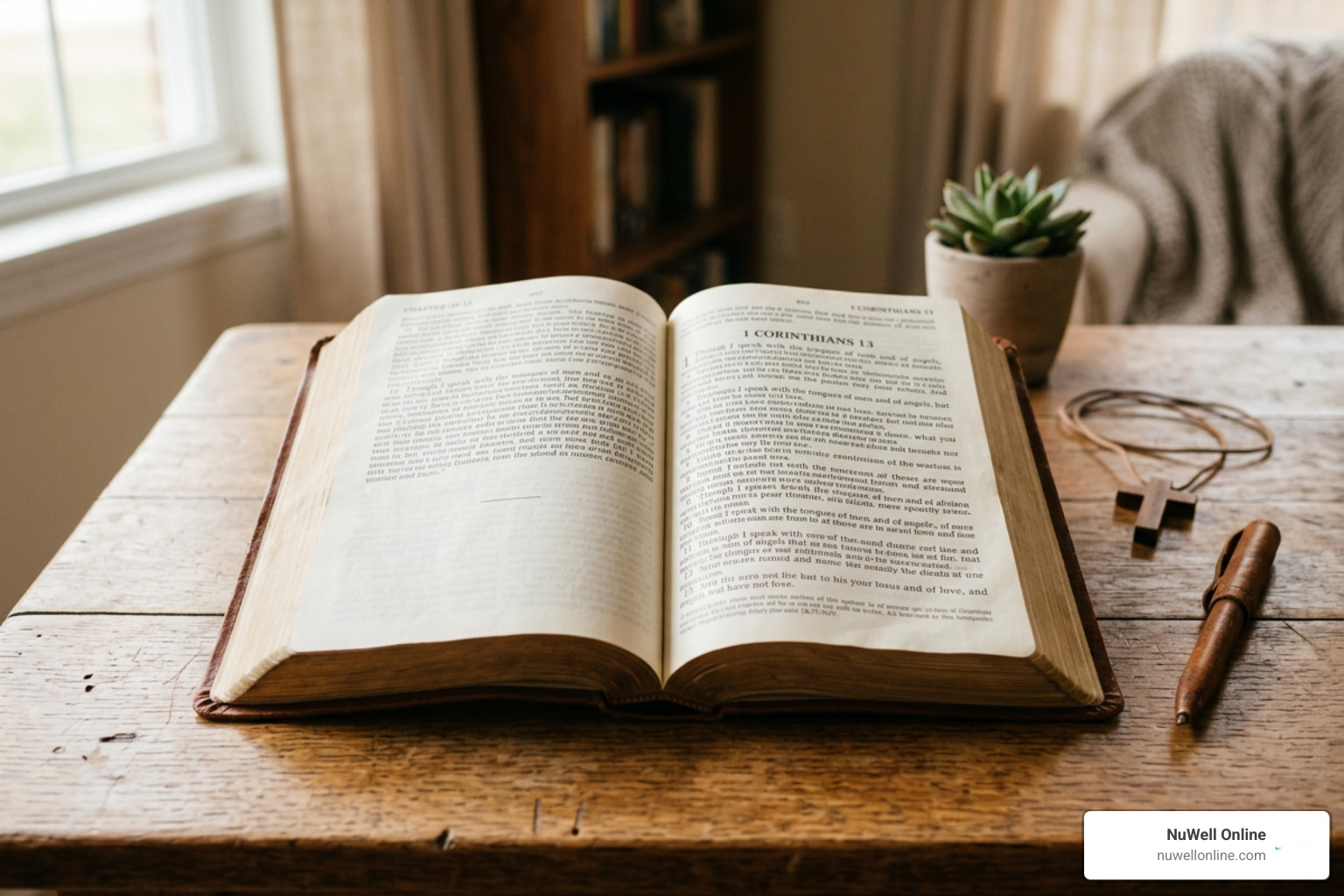 Open Bible highlighting passage in 1 Corinthians 13 on love Open Bible highlighting passage in 1 Corinthians 13 on love