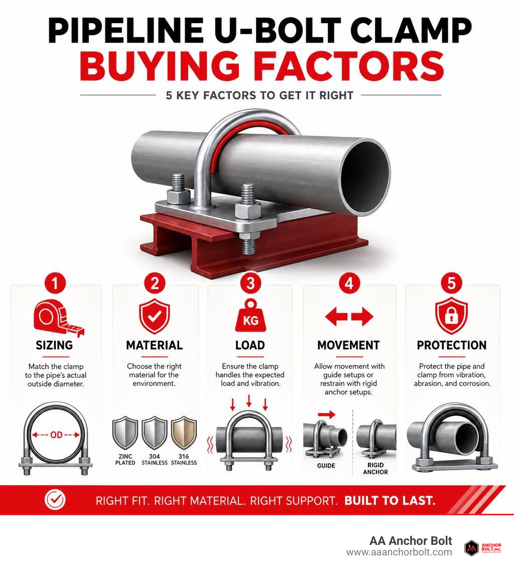 Pipeline U-bolt clamp buying factors: sizing, material, load, movement, and protection infographic Pipeline U-bolt clamp buying factors: sizing, material, load, movement, and protection infographic