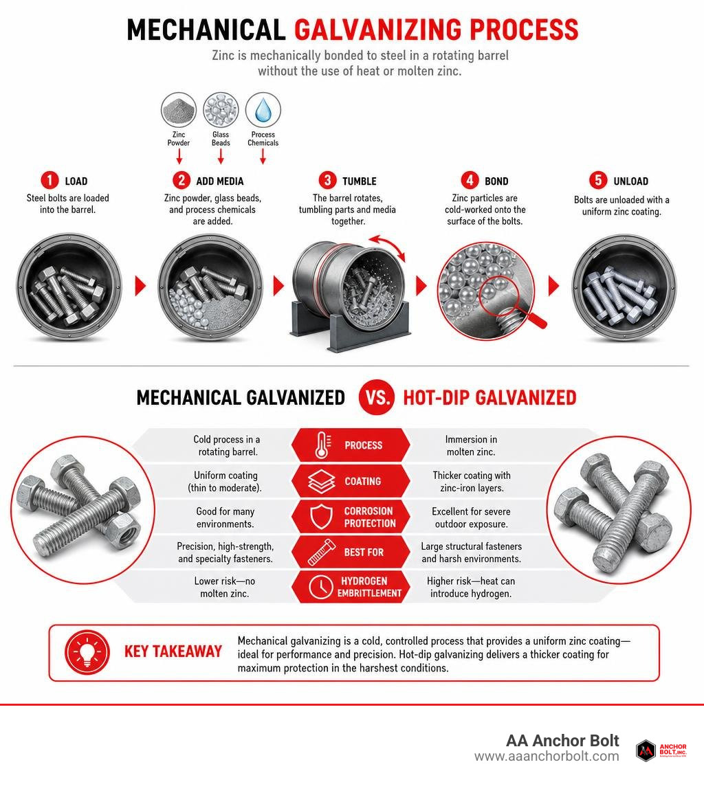 Mechanical galvanizing process and comparison with hot-dip galvanized bolts infographic Mechanical galvanizing process and comparison with hot-dip galvanized bolts infographic