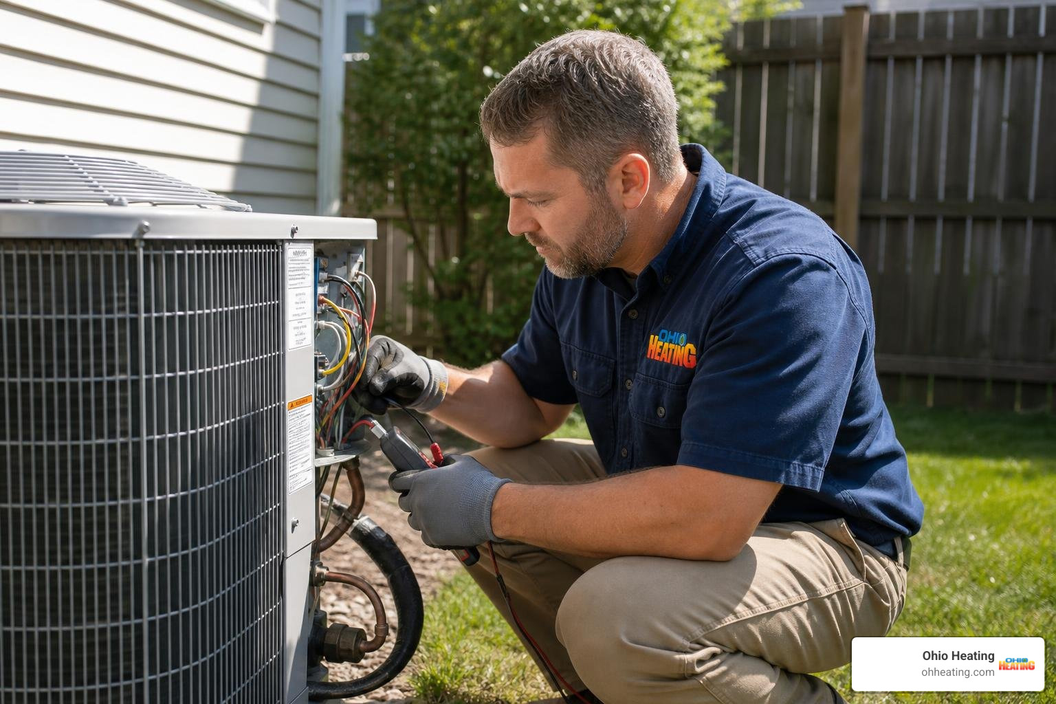 Realistic, high-quality photo of a professional HVAC technician wearing work gloves and a shirt with the 'Ohio Heating' logo