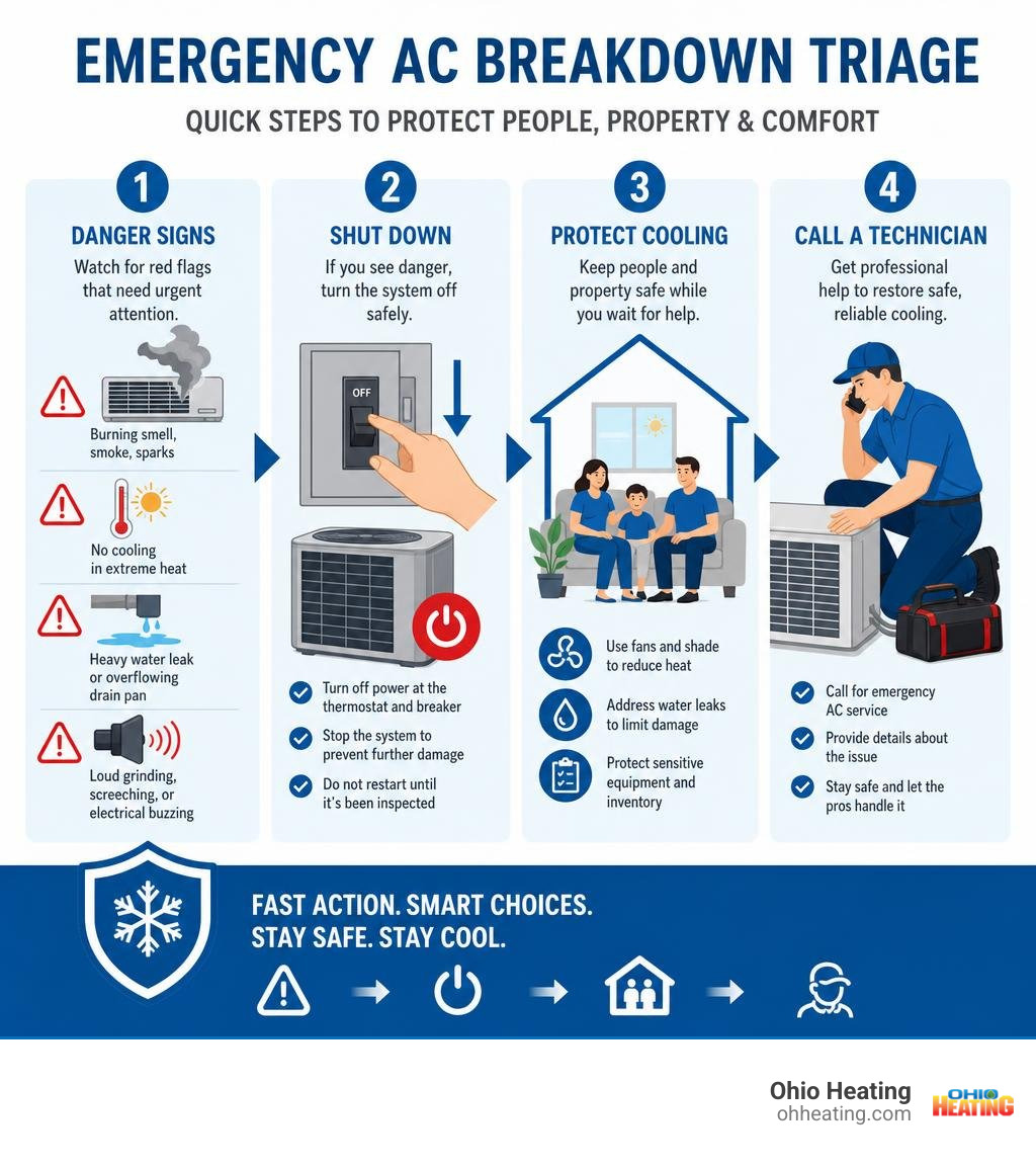Emergency AC breakdown triage: danger signs, shutdown, cooling protection, technician call infographic