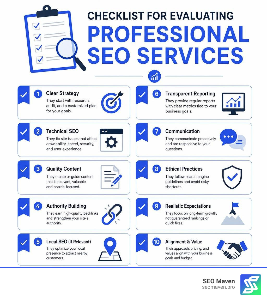 Checklist for evaluating professional SEO services infographic