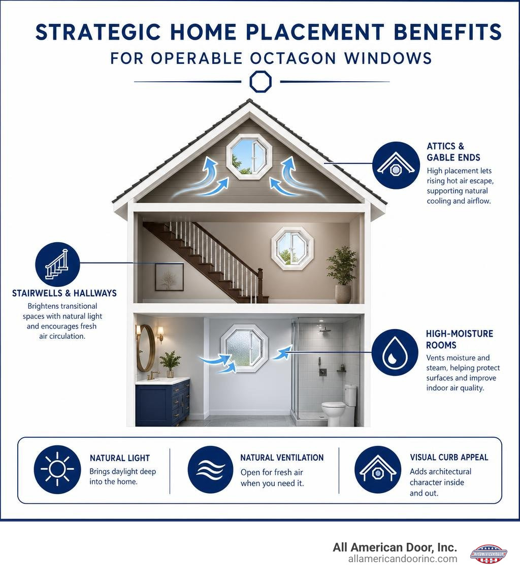 Strategic home placement benefits for operable octagon windows in attics, gables, and stairwells infographic Strategic home placement benefits for operable octagon windows in attics, gables, and stairwells infographic