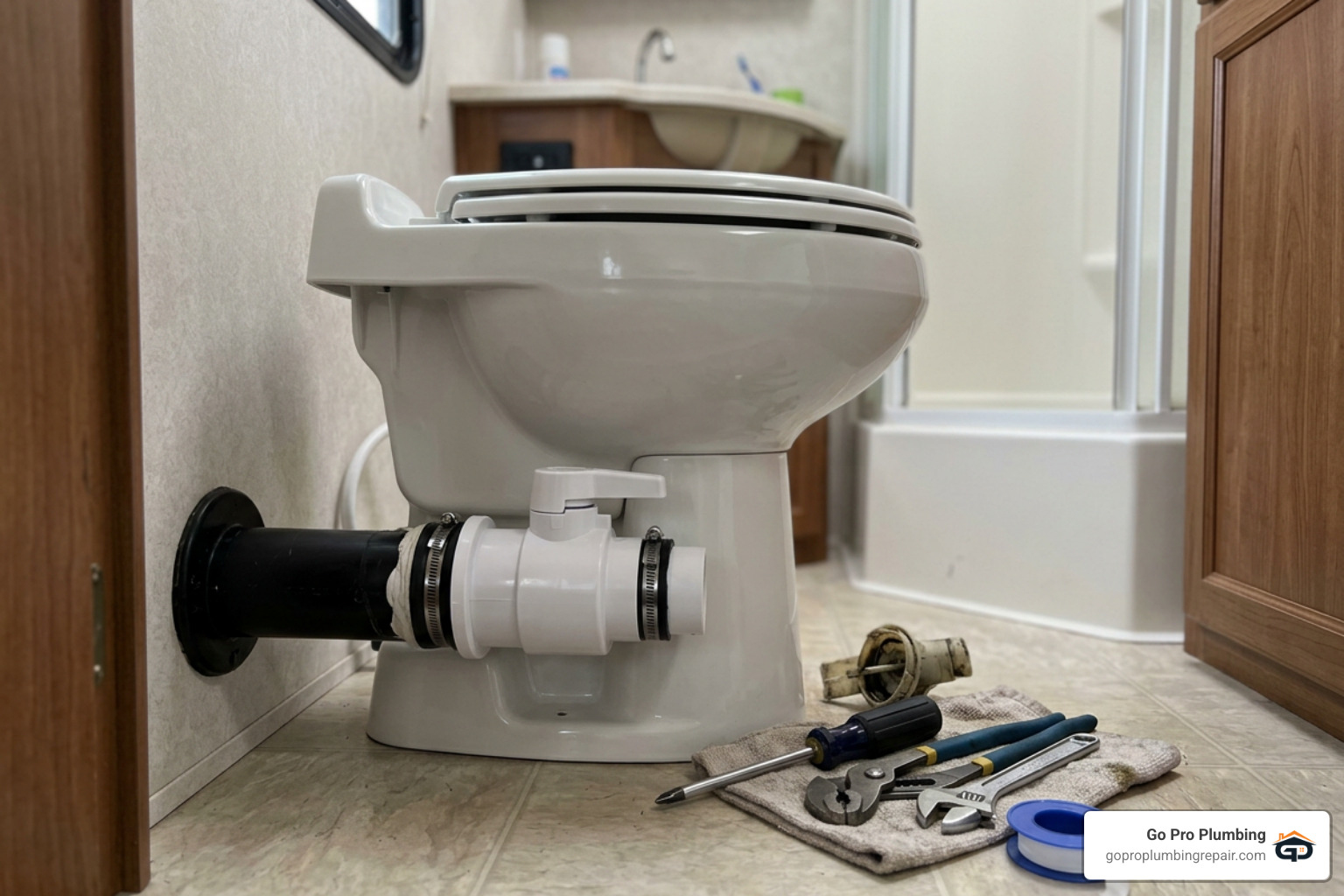 Completed camper toilet valve replacement ready for travel