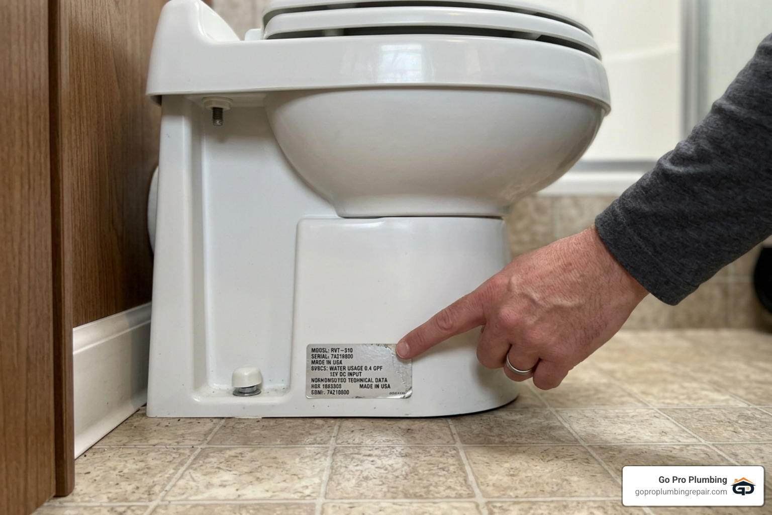 RV toilet model number label location on base shroud