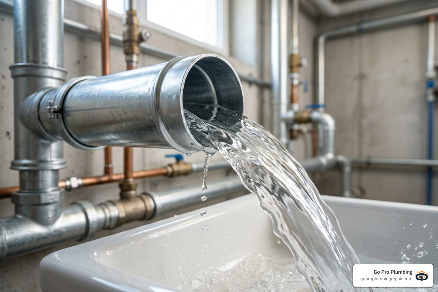 clear water flowing through freshly jet cleaned plumbing pipe