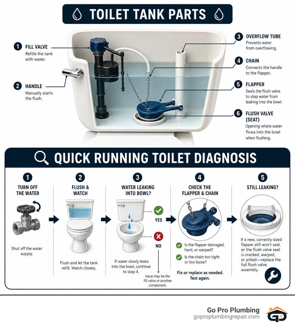 Toilet tank parts and quick running toilet diagnosis infographic