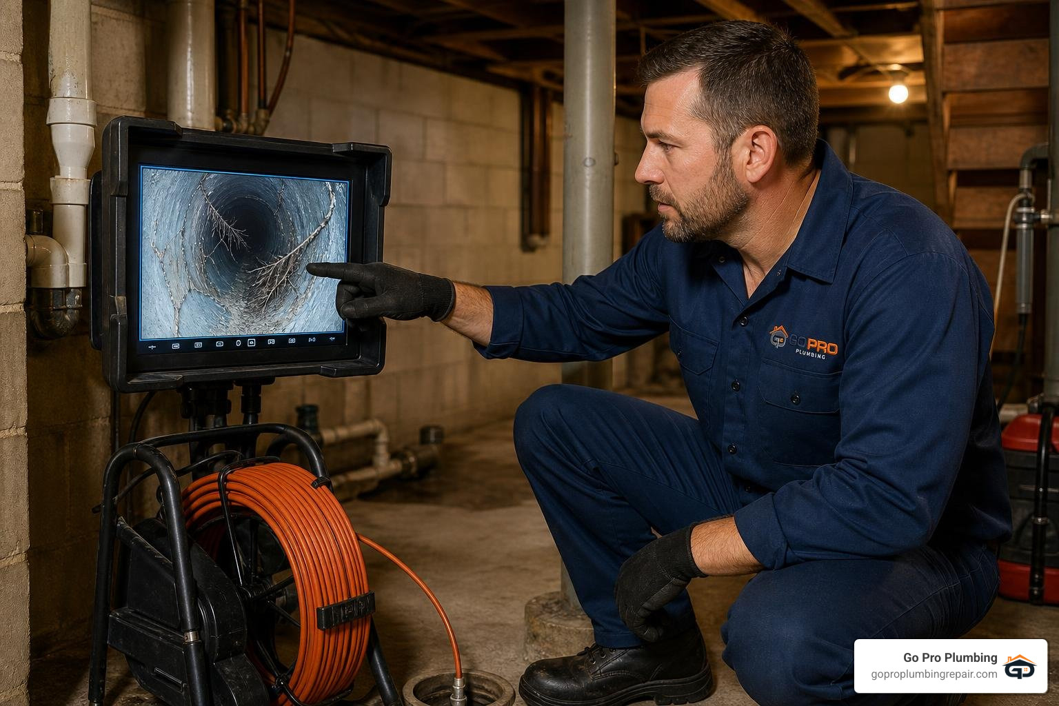 plumber inspecting video screen during camera inspection